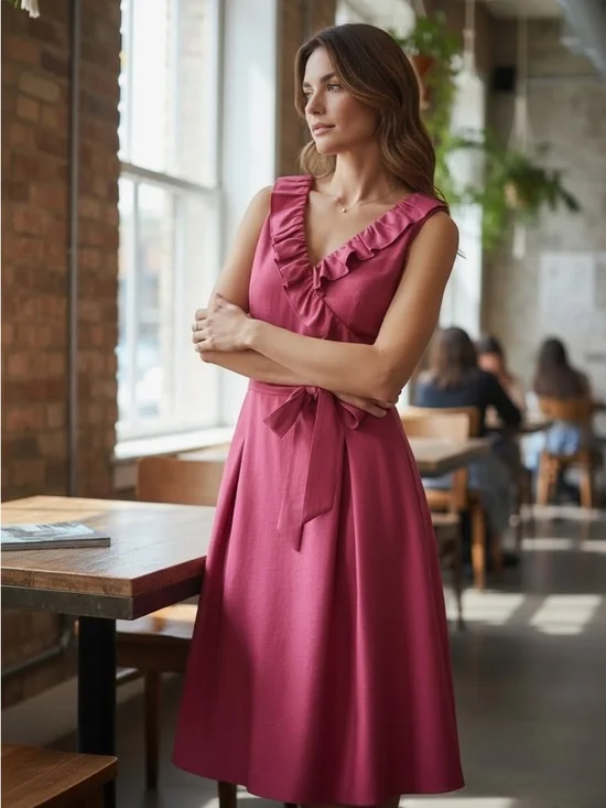 Jessica Howard Hot Pink Ruffled V-Neck Tie-Waist Dress size 12 - Picture 11 of 16